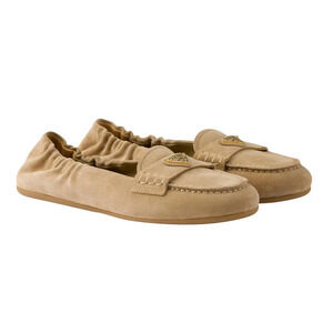 Prada Ecru Beige Suede Logo Scrunch Loafer Ballerina Ballet Moccasin Flat 38